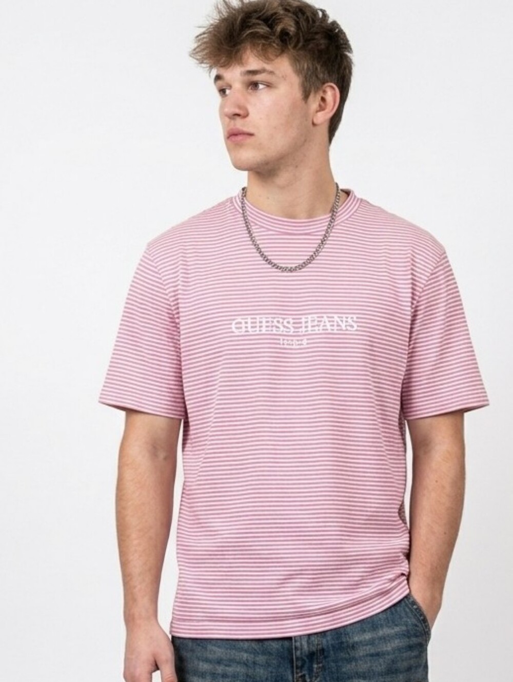 Vintage Guess Pink & White Striped Logo Tee
